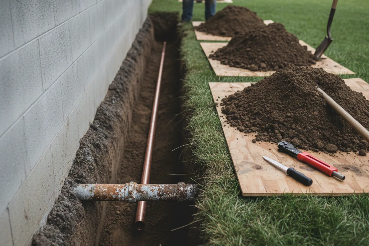 Excavated water line trench during Water Heater Repair in Orangeville
